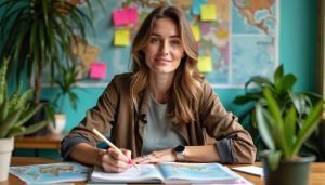woman at desk writing